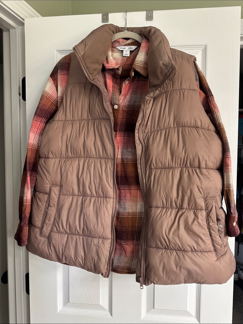 Old Navy Brown Quilted Puffer Vest and Plaid Shirt